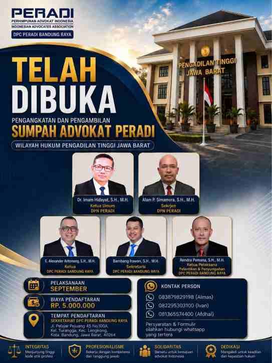 PERADI Bandung Raya Buka Pendaftaran Pengangkatan dan Pengambilan Sumpah Advokat Wilayah Hukum PT Jawa Barat