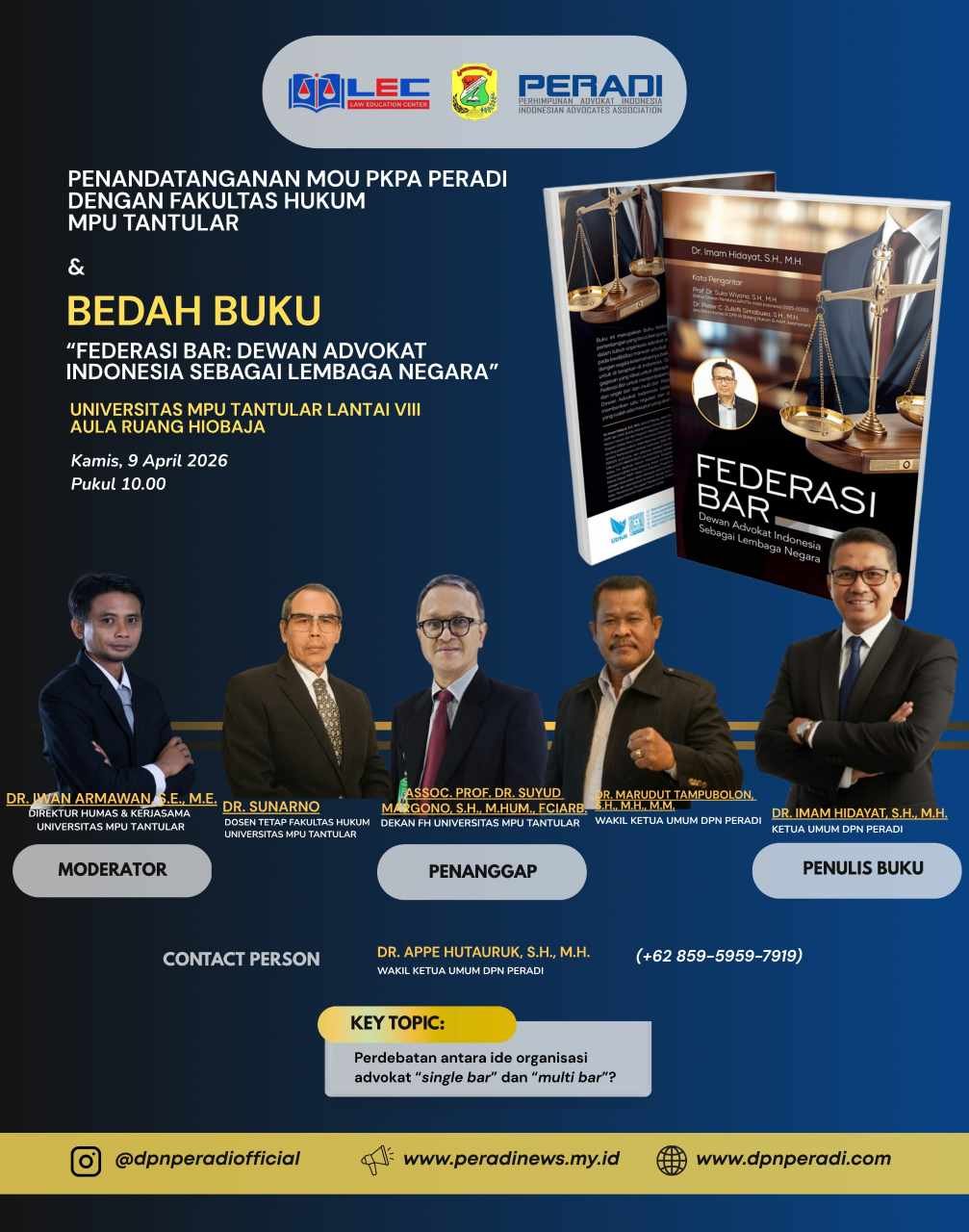 Konsolidasi Ilmiah dan Institusional: PERADI Bersama Universitas MPU Tantular Gelar MoU dan Bedah Buku