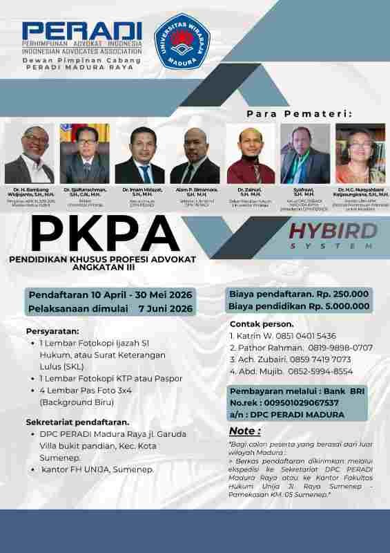 PERADI Madura Raya Buka Pendaftaran PKPA Angkatan III, Cetak Advokat Berintegritas